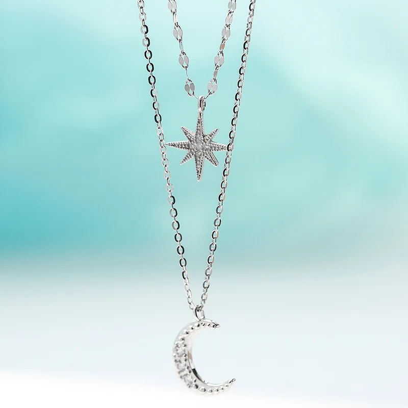 Sterling Silver Double Star and Moon Necklace