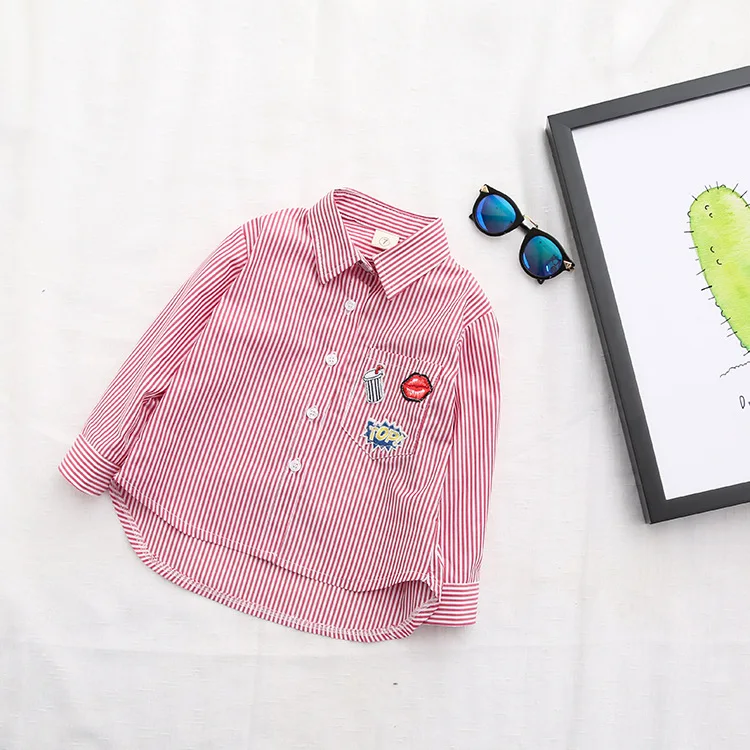 Детская рубашка; Весна-Осень г.; Весенняя полосатая рубашка с длинными рукавами и рисунком; универсальная рубашка для маленьких девочек; Повседневная рубашка
