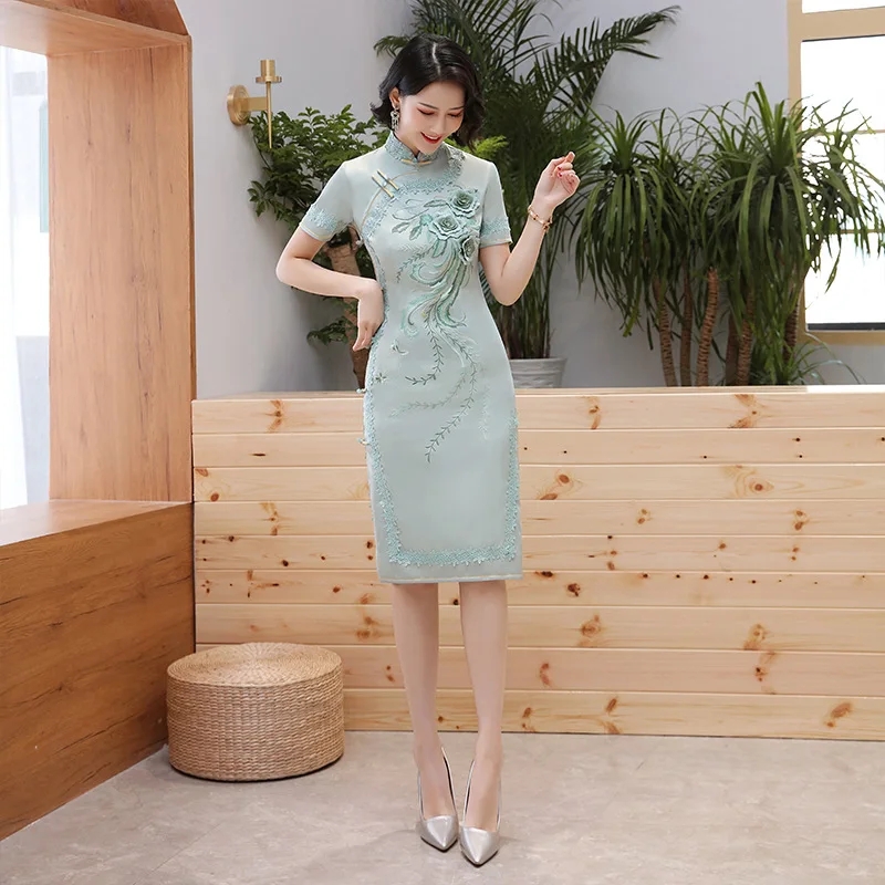

Sexy Embroidery mid-length Cheongsam Spring Summer Vintage Chinese style Dress Qipao Slim Party Dresses Button Vestido M-4XL