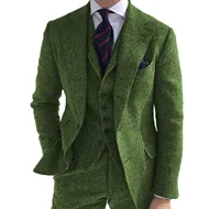 Mens Business 3 Pieces Suits Green Wool Retro Classic Herringbone Pattern Groom Tweed Tuxedos for Wedding (Blazer+Pants+Vest) 1