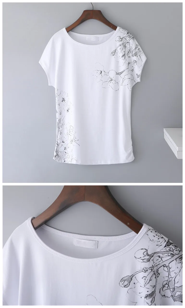 Womens T-shirt Tops 2020 Summer Cotton Loose Short-Sleeve Tees Female White  3D Printing T-shirt Basic Large Size M 4XL