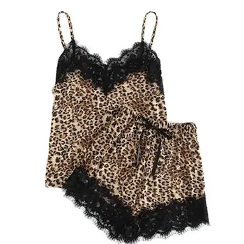 

Women Plus Size Sleepwear Set Sexy Leopard Lace Sleeveless Top Shorts Babydoll Pajama Sets Koronkowa Pizama Y