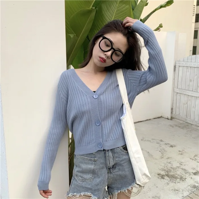 Short Cardigan Women V-Neck Knitted Sweater Coat Long Sleeve Tops Single Breasted with Three Buttons Casual Cardigans