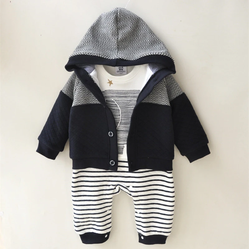  2 Pcs Newborn Baby Boy Clothes Winter Thicken Warm Stripe Hoodie Jacket+Jumpsuit Boys Clothing Spor