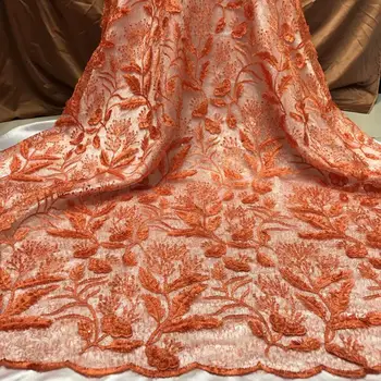 

2019 Nigeria Latest Design Lace Fabric 5 Yards/pcs High Quality Peach African Lace With Color Sequins For Wedding Party Dress