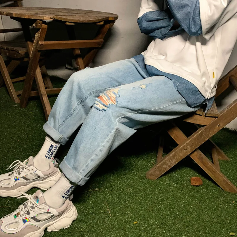 

2020 Spring And Autumn New Youth Popular Mid-low Waist Ripped Jeans Fashion Casual Solid Color Cropped Pants Sky Blue S-XL