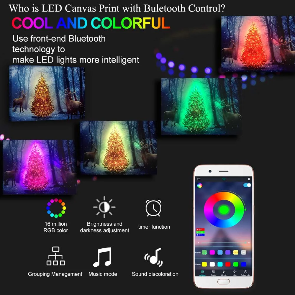 USB Power bluetooth control Led Canvas Wall Decorative Christmas trees with deers snow Canvas Print Illuminate painting gifts