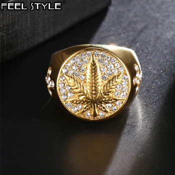 

HIP Hop 316L Stainless Steel Iced Out Bling Gold Color Ring Micro Paved Rhinestone Weed Maple leaf Rings for Men Jewelry