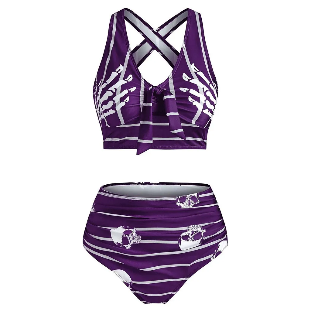Women Push-up Padded Bikini Set Skull Striped Print Swimsuit Cut Out Tankini Ladies Two Piece Swimming Suit | Женская одежда