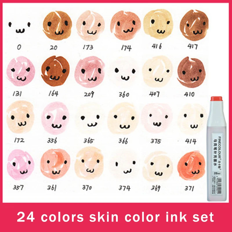 24colors-skin-set Finecolour жирной спиртовой маркер чернил EF100/101/102 Универсальный 20 мл пополнения/добавка/Заполняемые шариковая ручка с жидкими чернилами 480 Цвета EF900 - Цвет: 24colors-skin-set