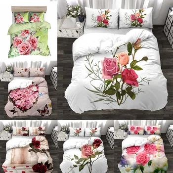 

Rose strap three-piece set of foreign trade bedding 3D digital print Single Twin Double Queen King
