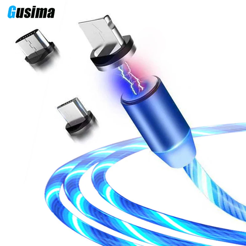 

1m Flow Luminous Lighting Magnetic USB Cable For iPhone XR X 7 8 Micro Type C Charger Fast Charging Magnet Charge USB-C Type-C