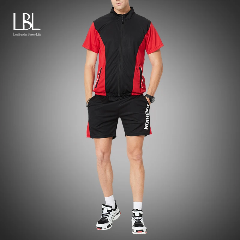 Shorts Suit Sweatshirt LBL Fitness Zipper Casual Summer 2PC Male