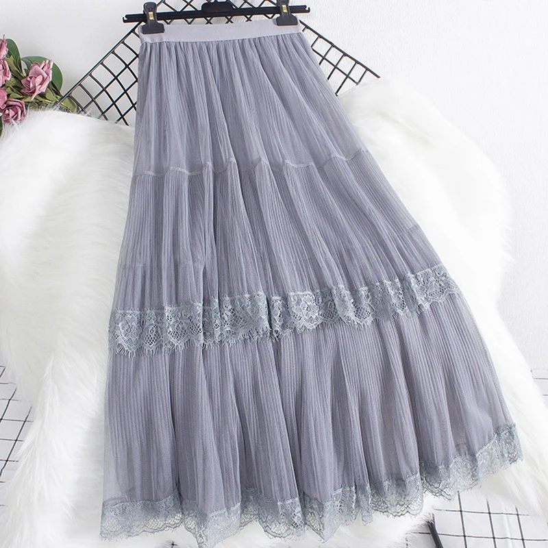 TIGENA Tulle Lace Long Pleated Skirt Women Korean Elegant Solid A Line High Waist Mesh Female for All Reasons Brown | Женская одежда