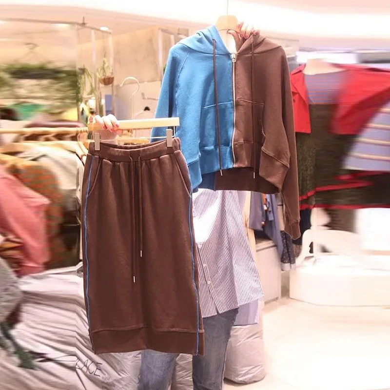 Neploe, осенние женские комплекты с молнией контрастного цвета, толстовка с капюшоном, пальто+ юбка со шнуровкой на талии с карманами, модная новая одежда 56025