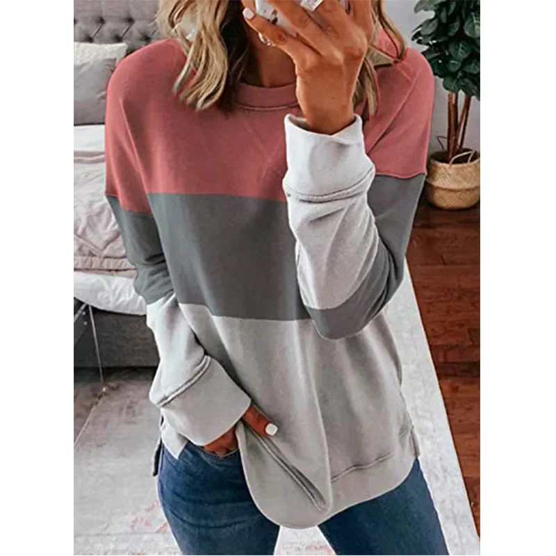 

2020 New Hot Autumn Women Sweatshirt Stitching Contrast Color Round Neck Long Sleeve Casual Loose Ladies Clothes Fashion Tops