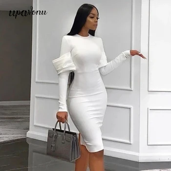 

UpAvonu Women White Bandage Dress 2020 Spring Sexy Midi Long Sleeve Bandage Dress Bodycon Celebrity Evening Club Party Dress