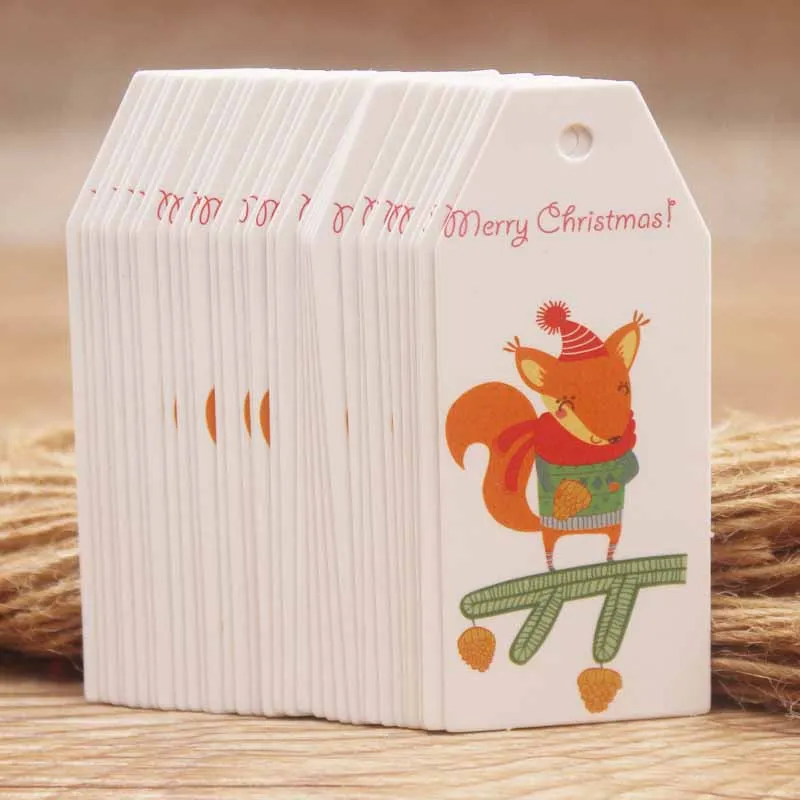 

100 tag with 100pcs string cute foxs weclome merry christmas day best seeling 6x2.5cm cute label use wedding candy /gifts /shoes