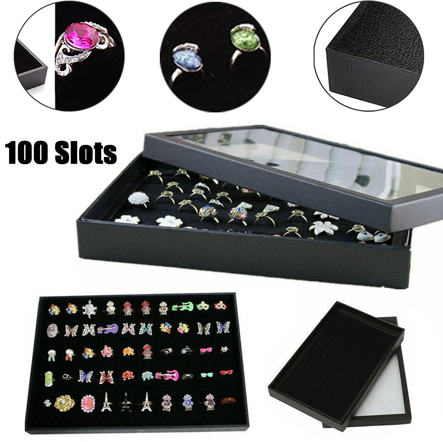 100Ring Jewellery Display Storage Box Tray Show Case Organiser Earring Holder 