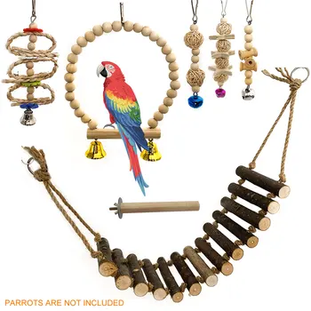 

7pcs Bird Cage Accessories Swing Natural Wood Bell Hammock Budgerigar Easy Install Parakeet Rope Interactive Parrot Toy Set