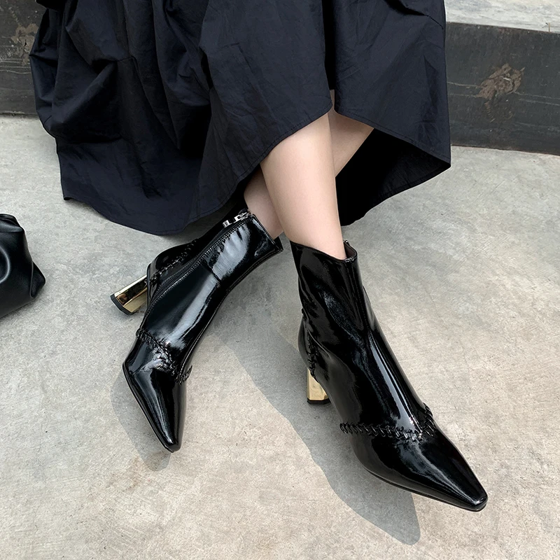 

Spring and Autumn 2020 new all-match thick high-heeled women's boots fashionable leather pointed toe thin boots X310