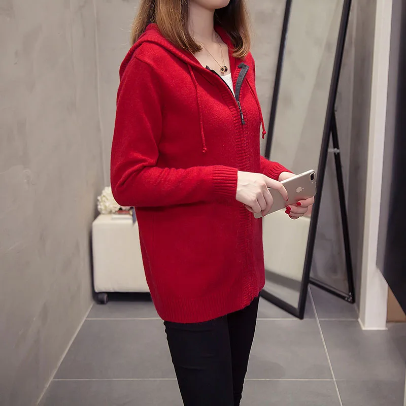 Good quality cardigan women Autumn Winter coat hooded brand design wool knit wear womens cardigan Zip sweater plus size OK417