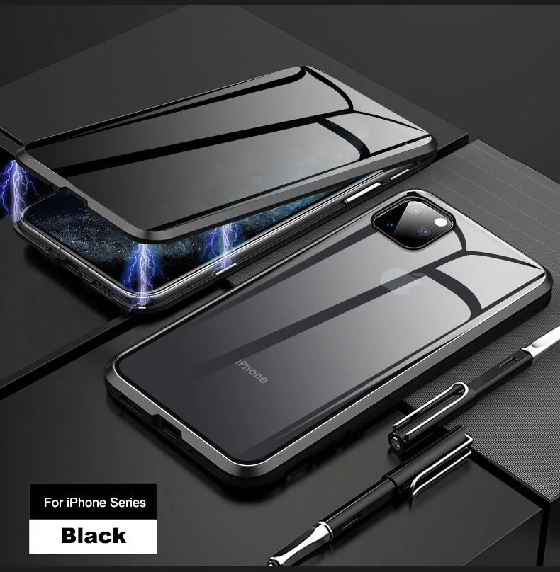 Black-A 360 роскошный Магнитный чехол для iPhone 11 Pro Max, чехол из закаленного стекла для Apple iPhone X XS MAX XR 7 8 Plus 11 pro 6S Plus - Цвет: Black-A