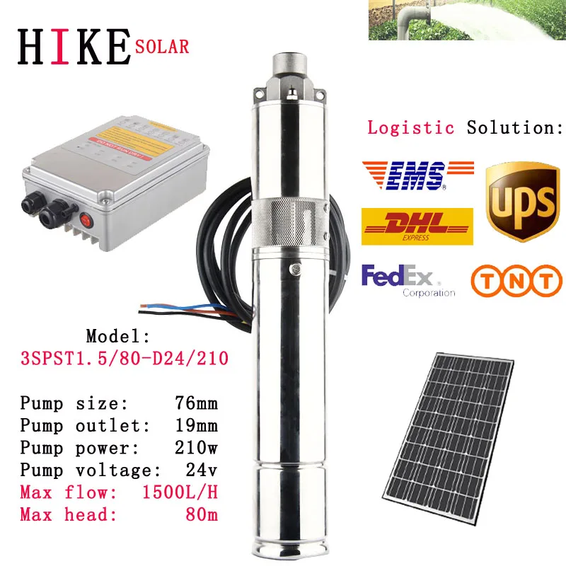 

Hike solar equipment 24V 3 inch dc solar submersible deep well water pump for agriculture irrigation model: 3SPST1.5/80-D24/210