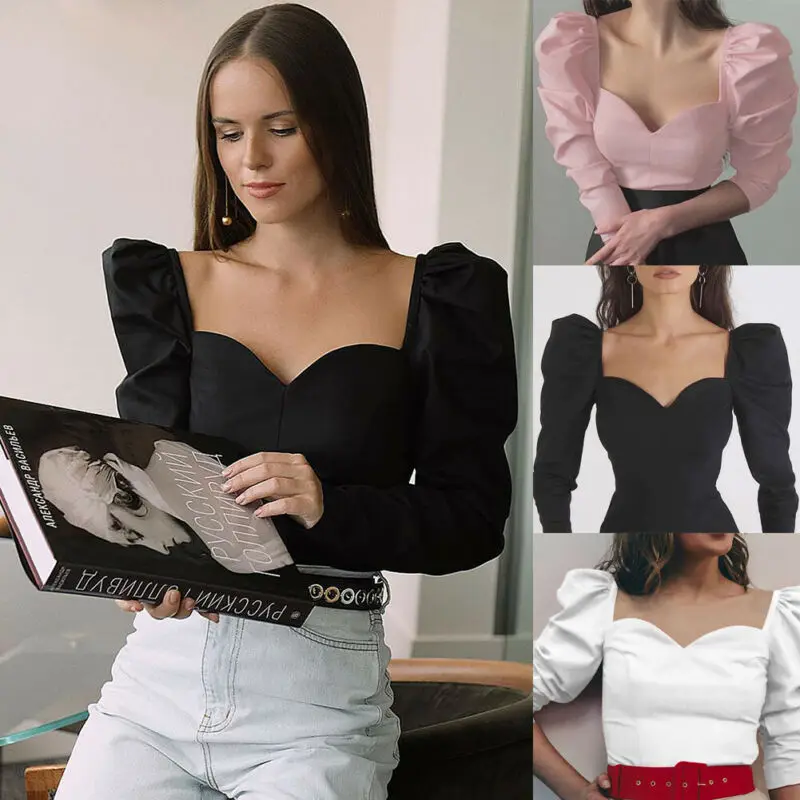 

Sexy Women Ladies Long Puff Sleeve Ruffle Slim Bodycon Shirt Evening Party Club Wear Fashion Office Ladies Crop Tops