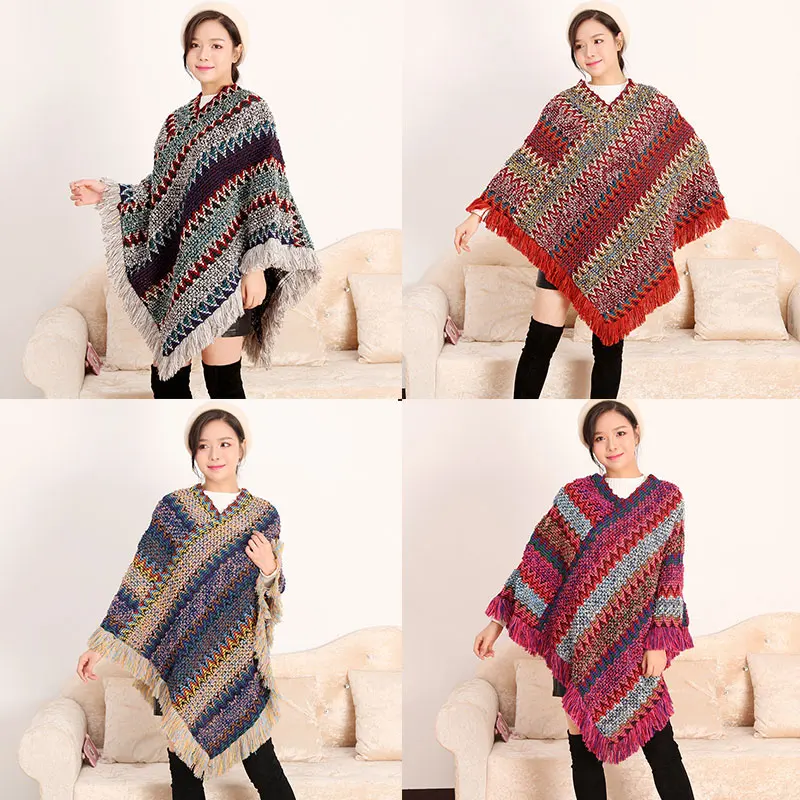 

Knit Cloak for Women Cashmere Poncho Capes Shawl Coat Striped Tassel Shawl Sweater Cardigan Keep Warm Knitwear Russian Style