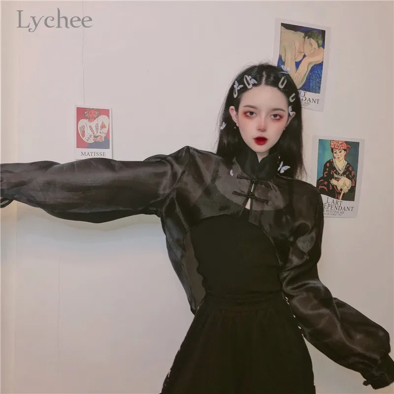 Lychee Harajuku сетчатая свободная транспортная женская рубашка прозрачная Пряжка женская блузка рубашка с длинным рукавом Женские блузки рубашки