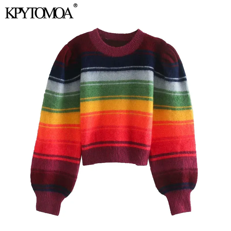 

KPYTOMOA Women 2020 Fashion Color Striped Cropped Knitted Sweater Vintage O Neck Long Sleeve Female Pullovers Chic Tops