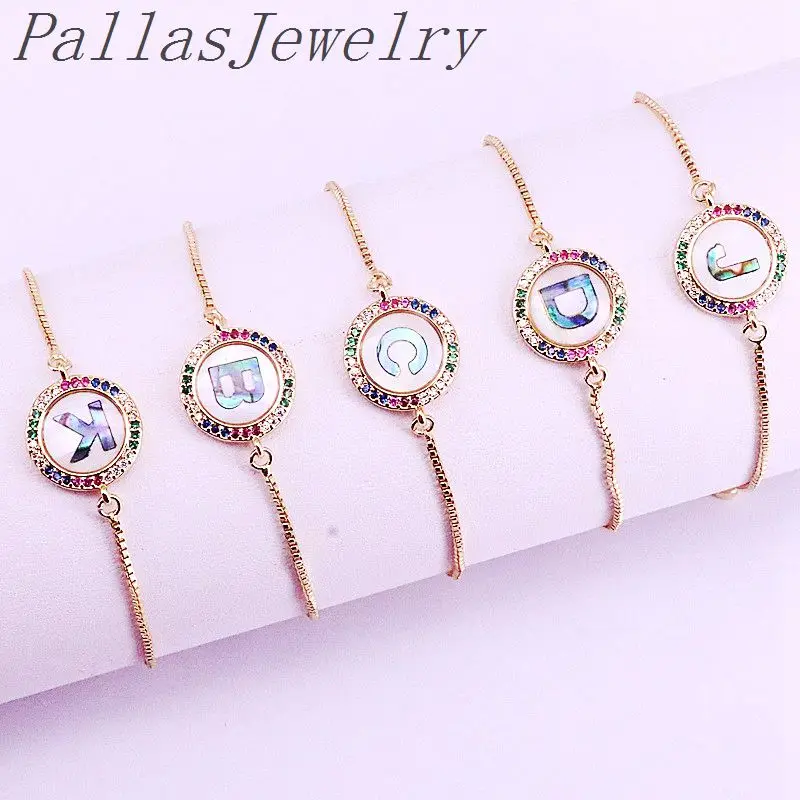 

12Pcs Colorful Zirconia Shell Letter Jewelry Bracelets CZ Micro Pave NEW fashion Charm Adjustable Chain For Women