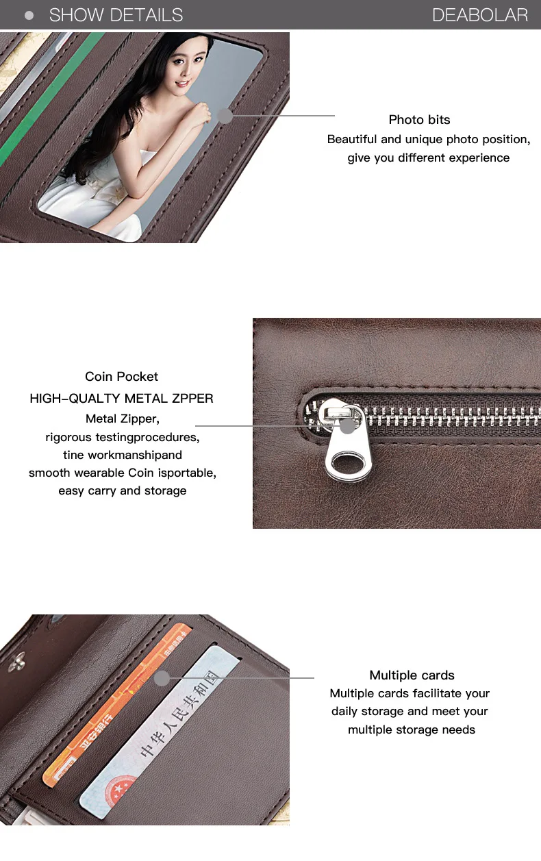 Hot Sale Hasp 3 Fold Vintage Multifunction Short Wallet Men Wallets Coin Pocket Zipper Man PU Leather Small Card Holder Photo