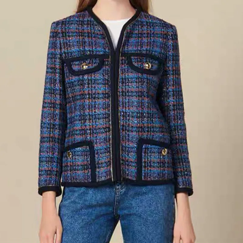 

Women Tweed Hit Color Jacket Sweet Lady Casual Pockets Jacket With Button
