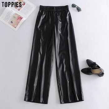 

toppies 2020 autumn winter black faux leather fleece pants high waist wide leg pants womens warm trousers