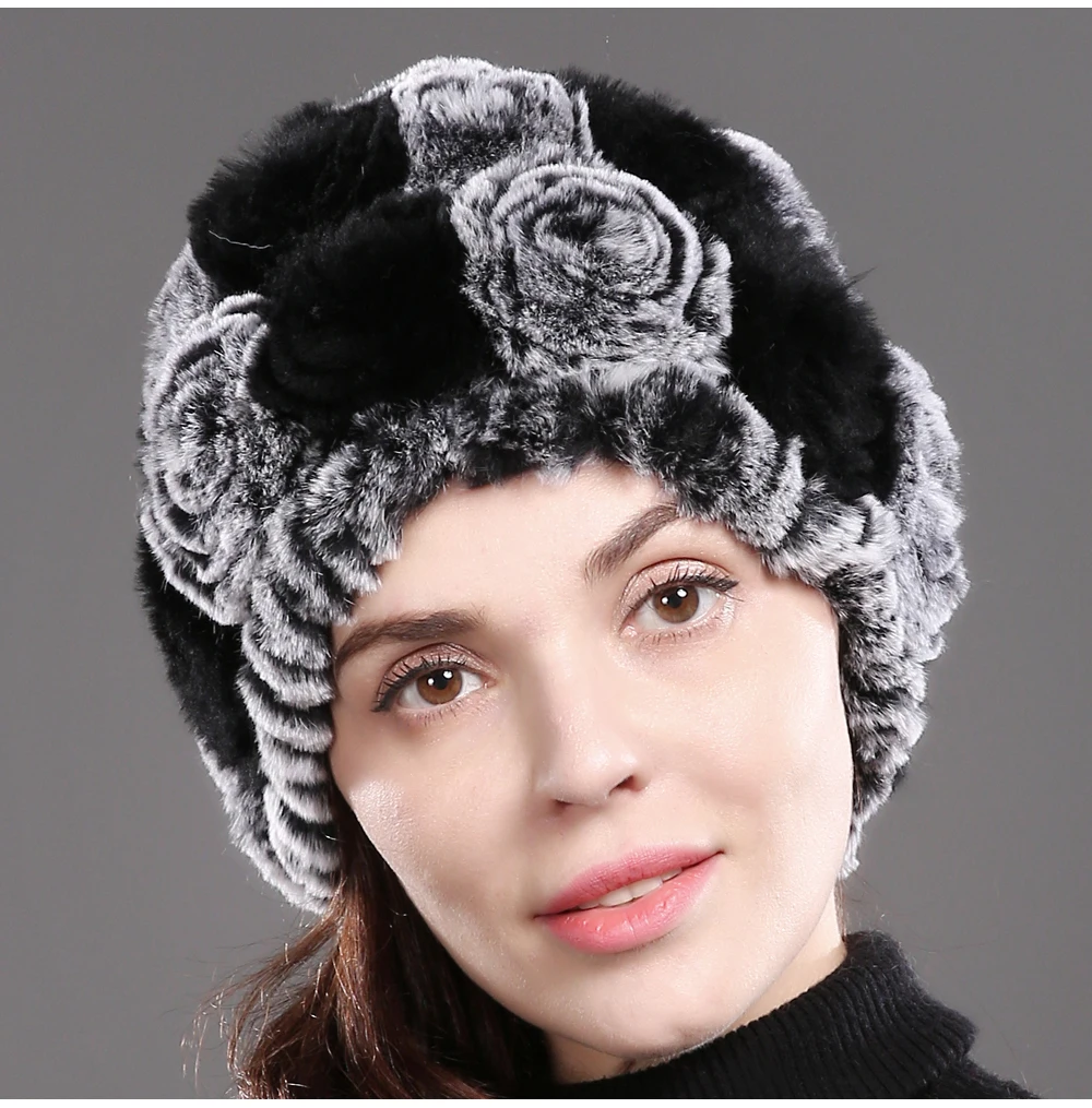 Женский Настоящий мех кролика, шапка для русской зимы, теплый мех кролика Рекс, шапка бини, натуральный цветочный Повседневный Настоящий мех кролика, шапка