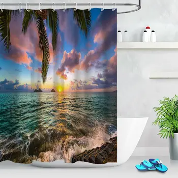 

Tropical Ocean Sunrise Polyester Fabric Shower Curtain Unique Bathroom Hooks