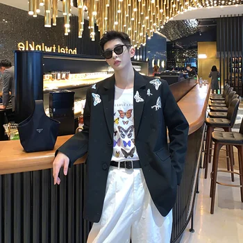 

Brand Design Men Casual Suit Butterfly Print High Street Solid Coat Male Streetwear Jacket Japan Korean Style Clothes Camisetas