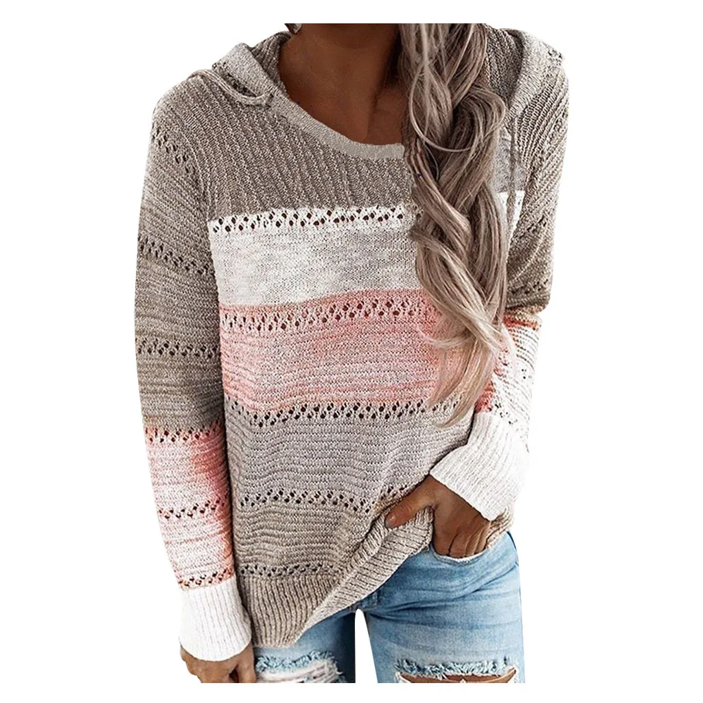 Women Knitted Hoodies Autumn Striped Hooded Sweatshirt Casual Patchwork V-Neck Long Sleeve Plus Size Female Hoody Pullover Tops | Женская