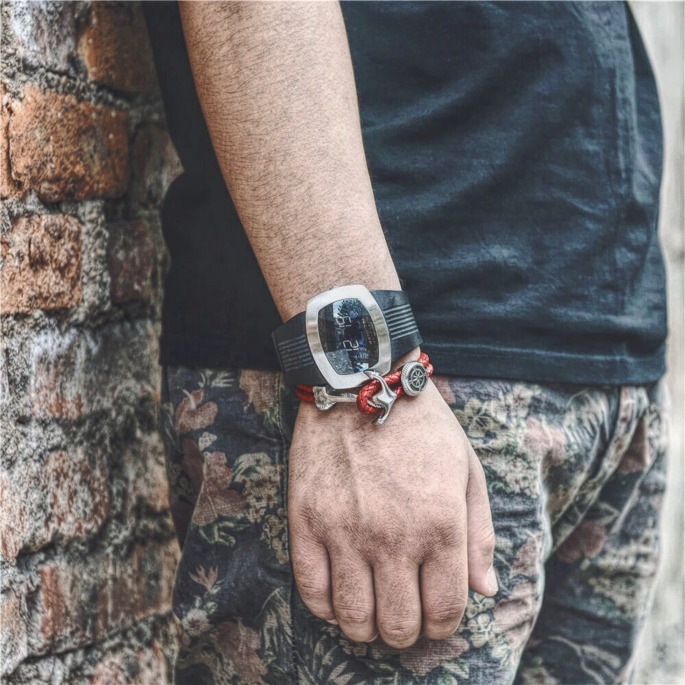 REAMOR Genuine Leather Men & Women Bracelets Bangles Stainless steel Compass Shield Bead Anchor Connector Charm Bracelet Jewelry