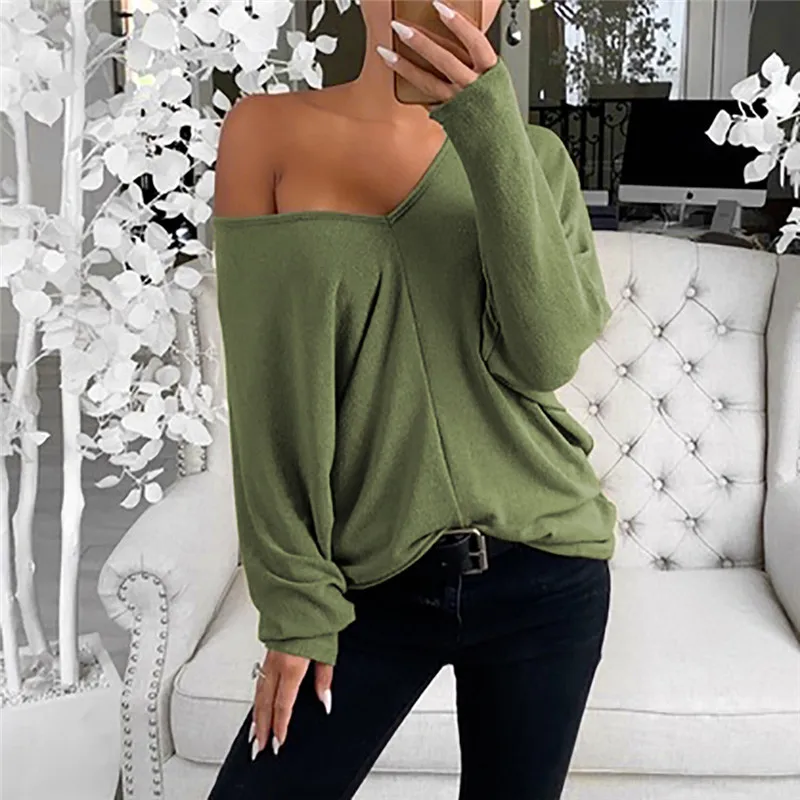 

2021 V-Neck Blouses Long Sleeve for Women New Spring Solid Thin T Shirts Sexy Off Shoulder Loose Tops Basic Casual Tee