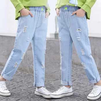 

Girls Jeans 4-13 years old Cotton Washed Kids Jeans Korean Jeans Green Button Frayed Hole Long Pants Kids Jeans Leisure