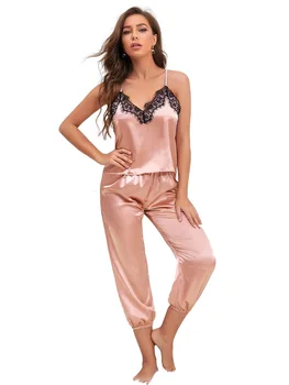 

Women's Lace Tirm Sleepwear Satin Pajamas Set Elegant Nightgown Sexy Caimisole & Pant Soft Nighty