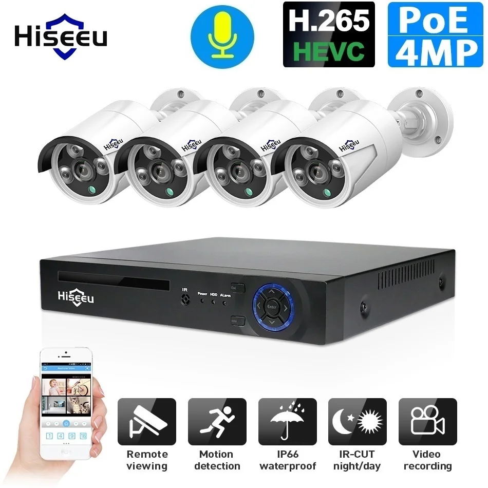  H.265 48V 8CH 4MP POE NVR System Outdoor PoE IP CCTV Security Camera Waterproof Infrared Hiseeu