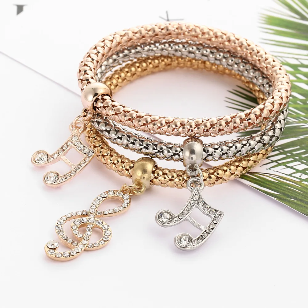3pcs/set Mixed Luxury Heart Pendant Bracelets Rhinestone Elastic Popcorn Chain for Women Personality Bangles Jewelry Gifts | Украшения и