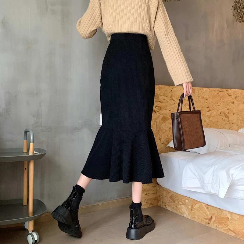 Fashion Corduroy High Waist Slim Mermaid Ruffle Solid Color Skirts