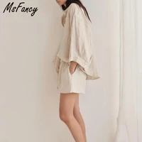 Msfancy lato dwuczęściowy zestaw kobiet 2021 bawełniane spodenki zestawy Vintage Boho obszerna koszula wysokiej talii luźne spodenki Mujer zestawy 3
