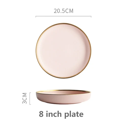 Однотонная керамическая пластина с золотой инкрустацией, тарелка для стейка, посуда в скандинавском стиле, миска для десерта, блюдо, обеденное блюдо, набор посуды - Цвет: Pink 8-inch plate