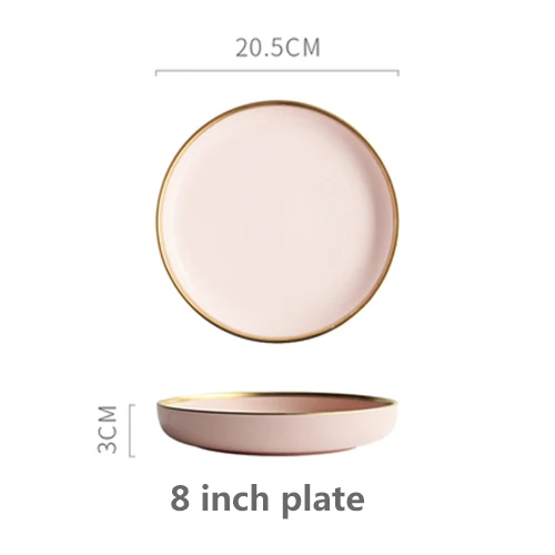 Pink 8-inch plate Однотонная керамическая пластина с золотой инкрустацией, тарелка для стейка, посуда в скандинавском стиле, миска для десерта, блюдо, обеденное блюдо, набор посуды - Цвет: Pink 8-inch plate
